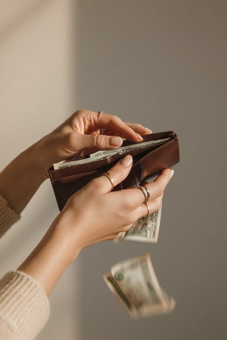 Des mains ouvrent un portefeuille, des billets s'en échappent